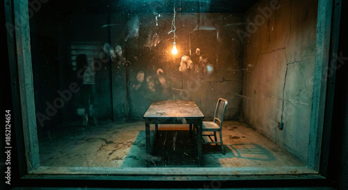 Foto Dark Grimy Interrogation Room with Single Hanging Light Bulb