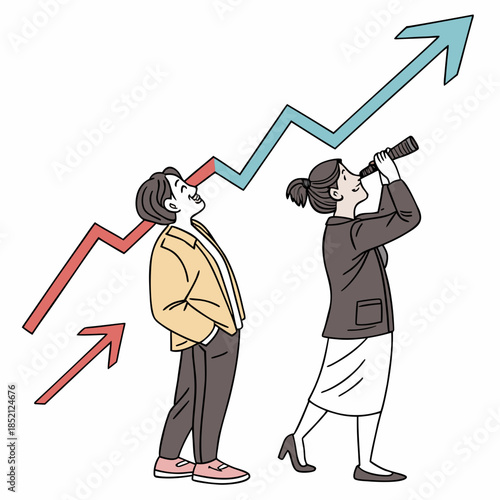 Man and woman looking at rising stock market graph