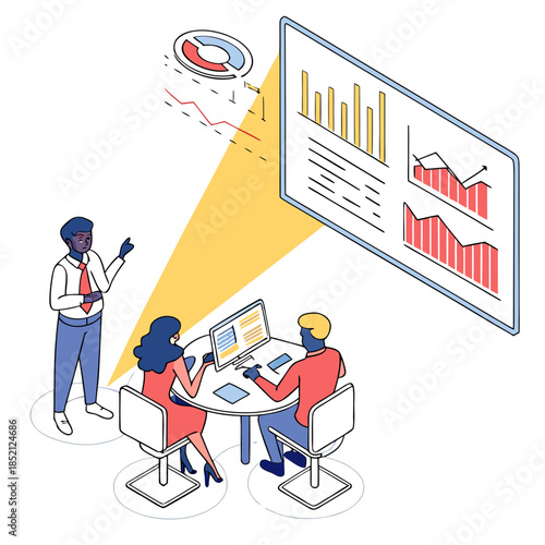 Team of analysts around holographic financial data display