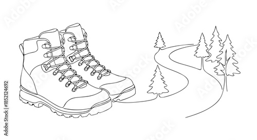 Hiking Boots and Trail Line Art, Outdoor Adventure Illustration