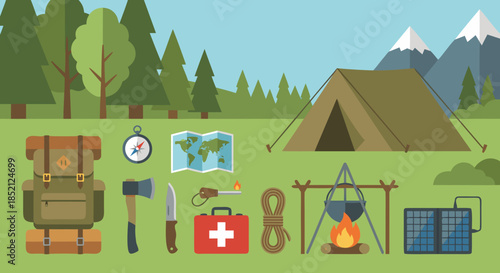 Camping Gear Set in Nature, Outdoor Survival Illustration