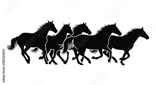 A dynamic group of running horses captured in a striking black silhouette