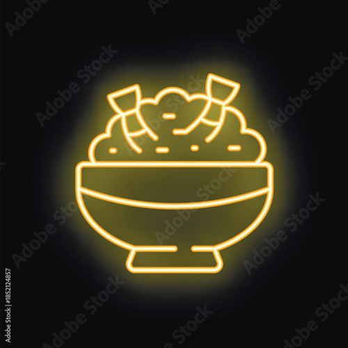 Yellow glowing neon sign representing a traditional hawaiian dish, poke bowl with shrimps, on a black background