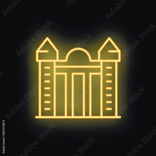 Bright yellow neon sign is depicting the brandenburg gate in berlin, germany, on a black background