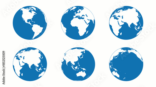 Six-Globe Earth Vector Illustration Showing Global Perspectives of Continents in Blue and White for Educational, Geographic, and International Graphic Design Use