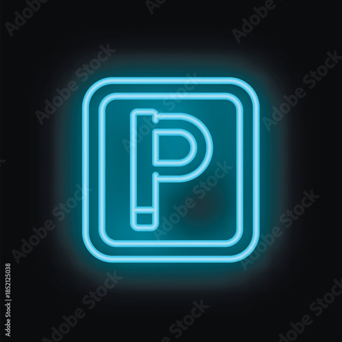 Blue neon parking sign glowing on a brick wall at night