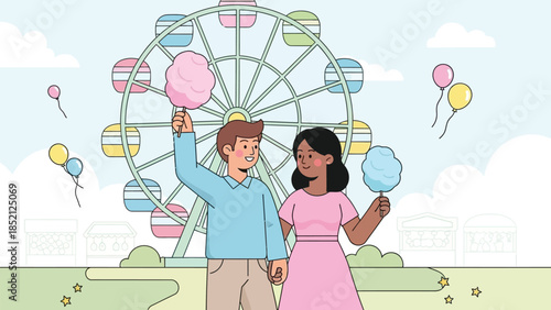 Happy couple enjoying cotton candy at a colorful carnival