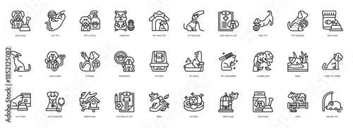 Pet Shop icon collection line style. containing Dog Food, Cat Toy, Pet Lotion, Hamster, Pet Shelter, Sitting, Dog, Pet Disease