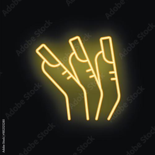 Yellow neon sign showing three hands with perfect french manicure on black background