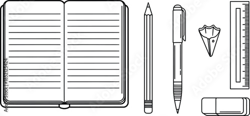 Solid black line art of neat notebook pencil pen ruler eraser paper office supply set