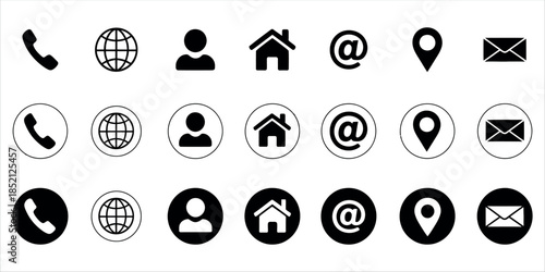 Collection of modern communication and navigation icons in black and white vector.