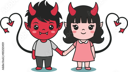 Cute devil couple holding hands with heart shaped tails