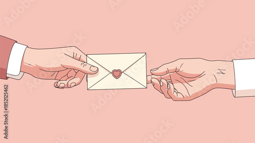 Hands exchanging heartfelt letter with love symbol on envelope