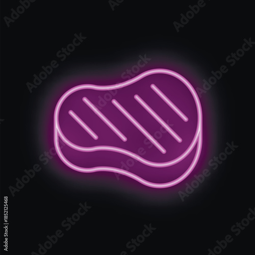 Glowing purple neon sign of a steak is isolated on a black background