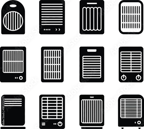 A collection of black silhouette icons representing various types of electric space heaters