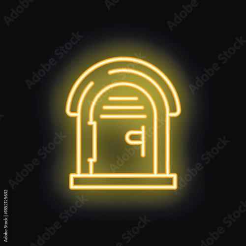 Glowing neon line icon of a porta potty toilet glowing on a black background