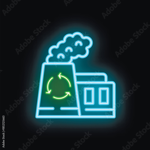 Glowing neon icon representing a factory emitting smoke with a recycle symbol, symbolizing sustainable industry practices