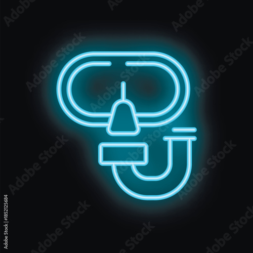 Blue neon sign of a diving mask glowing against a black background, perfect for any businesses related to diving or snorkeling