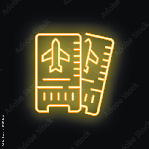Glowing neon icon of two airplane tickets, representing concepts like travel, tourism and vacation