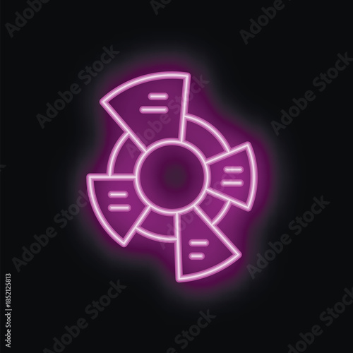 Glowing purple neon style icon representing a pie chart, useful to illustrate concepts like business, analysis, planning, marketing and more