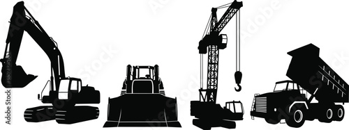 Set of 4 heavy machinery silhouettes excavator bulldozer crane and dump truck