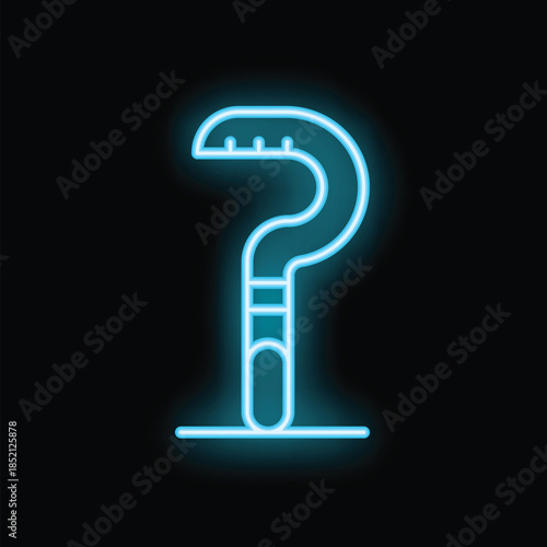 Neon sign showing a walking stick glowing in blue light on a black background