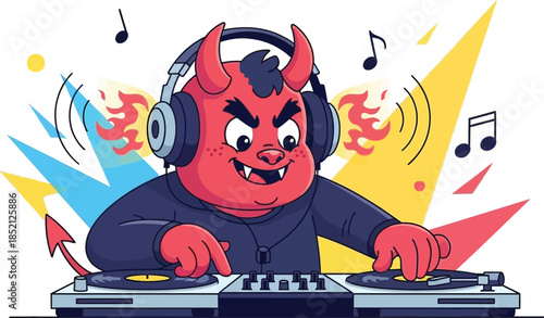 Cartoon devil DJ spinning tracks with headphones on turntables
