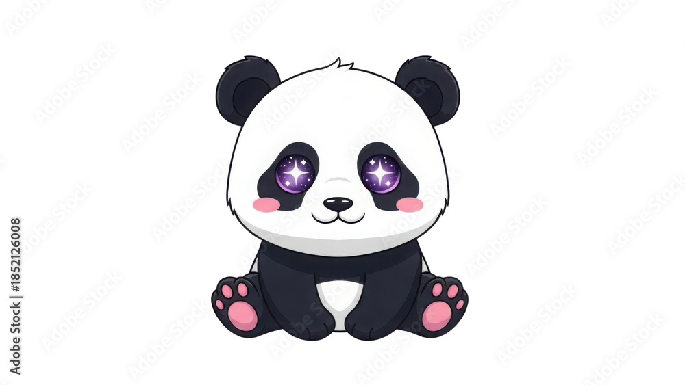 Fototapeta premium Cute Baby Panda Cartoon Illustration with Sparkling Purple Eyes and Pink Paws isolated PNG with Transparent Background