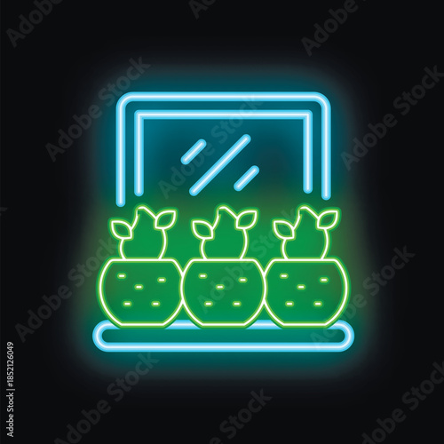 Glowing neon icon of seedlings growing under an artificial light source, ideal for agriculture and indoor gardening themes