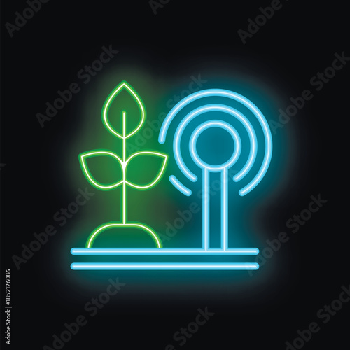 Neon glowing icon of a plant with sensors, representing innovative agricultural practices and smart farming technologies