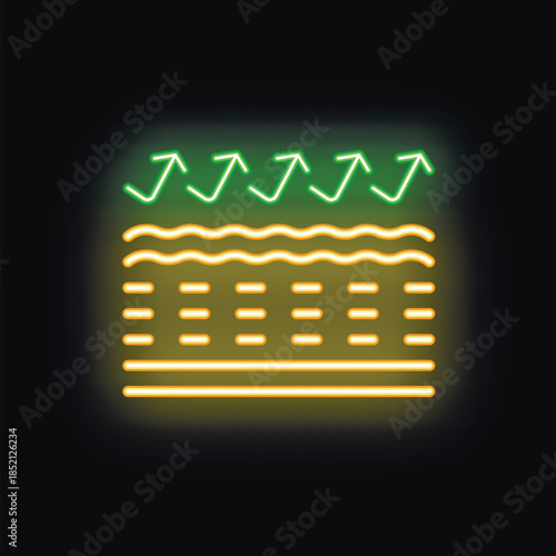 Breathable material neon icon showing airflow passing through layers, isolated vector illustration