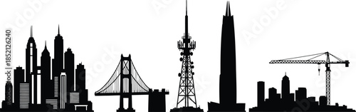 Set of 5 city skyline elements silhouette skyscraper tower bridge and crane
