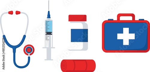 Set of 5 medical items flat vector first aid kit stethoscope syringe pill bottle and bandage