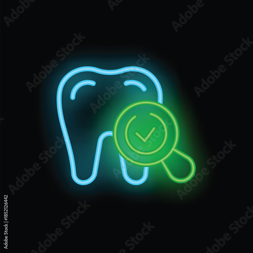Neon icon of a magnifying glass inspecting a tooth with check mark, representing successful dental examination and treatment