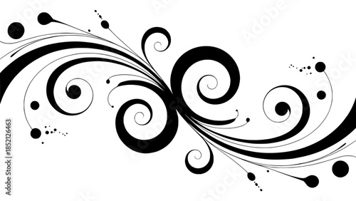 Bold abstract ornamental swirl design with flowing black curves and circular motifs