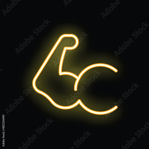 Yellow glowing neon sign showing a bicep flexing muscle icon on a black background