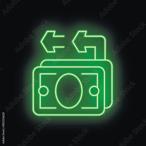 Glowing neon green money transfer sign symbolizing fast and secure online transactions