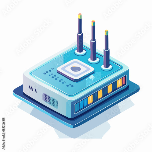 Isometric server device. Vector illustration of computer hardware. Blue and white color scheme. Modern technology equipment. Server machine with antennas. Network router icon. Technology