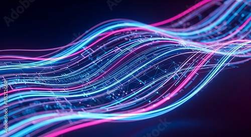 Wavy lines of neon blue and pink light forming a digital data stream over a dark grid