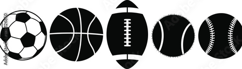 Silhouette illustration set of 5 team sports balls soccer basketball football tennis and baseball