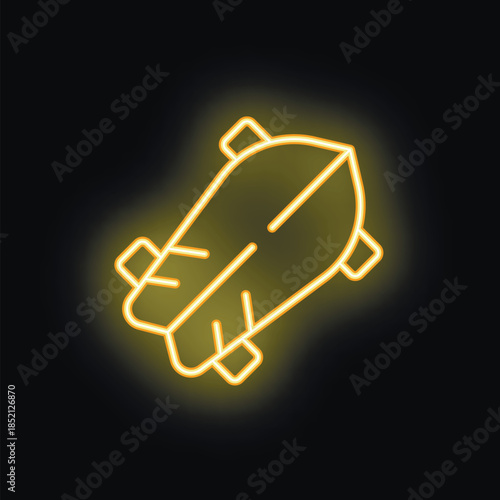 Neon yellow longboard skateboard glowing on black background, concept of extreme sport, skateboarding and longboarding