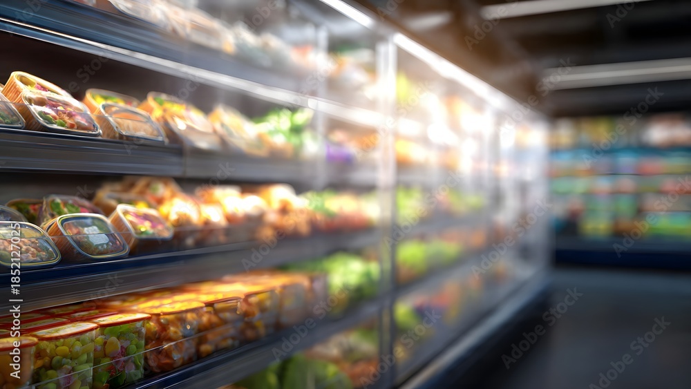 Fototapeta premium Fresh high-quality ready-to-eat meals are neatly packaged in clean beautiful boxes, perfectly arranged in a modern supermarket refrigerated display for ultimate consumer convenience.