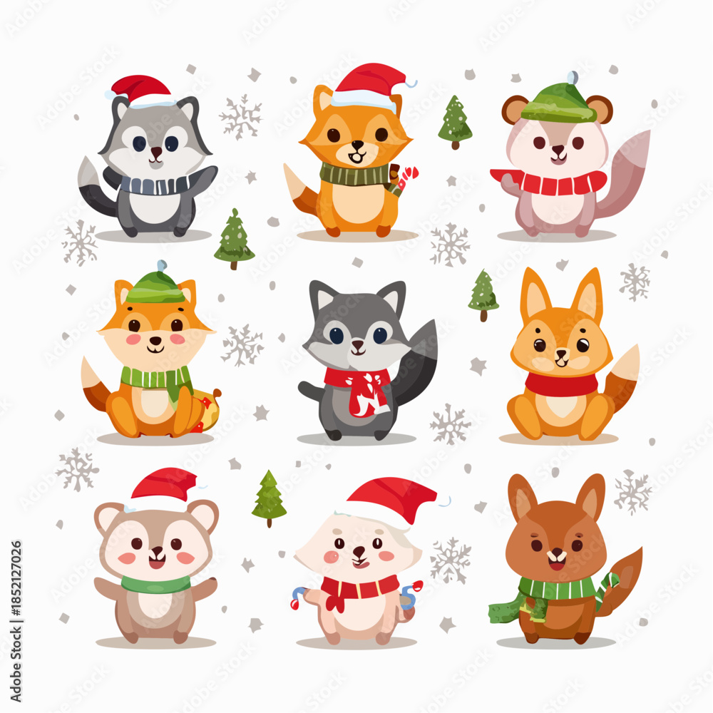 Obraz premium Christmas woodland animals. Vector illustration of squirrels, raccoons, and foxes in winter clothes. Cartoon forest creatures. Holiday characters with hats and scarves. White background.