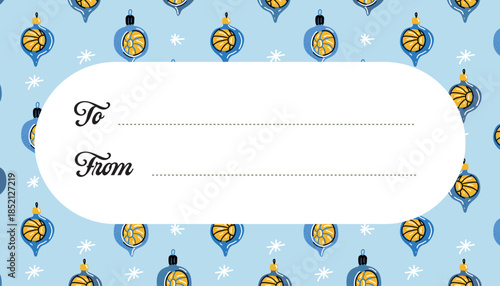 Christmas gift tag with blue and yellow ornaments on light background. Flat vector holiday label with To From text and snowflake pattern, perfect for printable gift wrap or festive packaging.