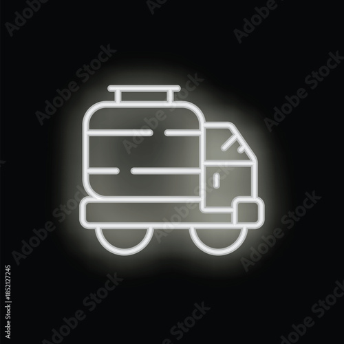 White neon icon of a tanker truck transporting liquids or gases, glowing on a black background