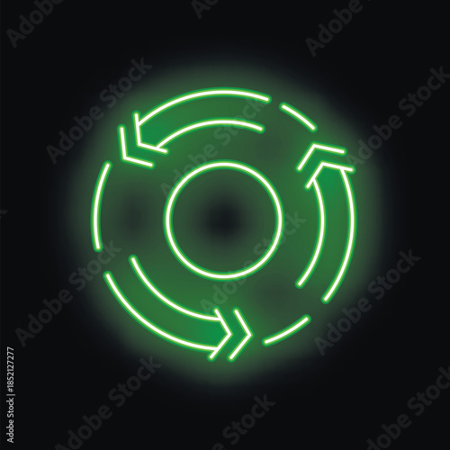 Green neon light glowing on black background forming a circular arrow sign, representing rotation or a continuous process
