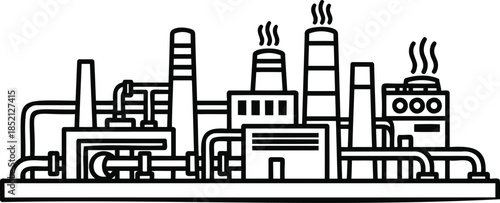 Outline illustration of an industrial factory with pipes and chimneys
