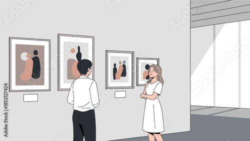 Couple enjoying modern art exhibition in gallery with abstract paintings