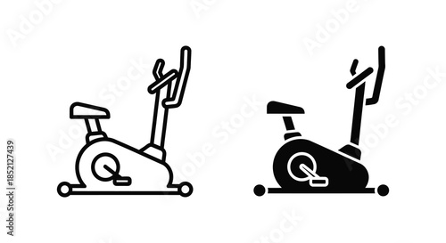 Two black and white exercise bikes displayed side by side a striking silhouette