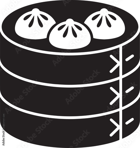 Dim sum dumplings in bamboo steamer silhouette icon, Asian food and restaurant concept black and white vector